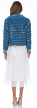 Load image into Gallery viewer, MINK JACKET - BLUE - FRINGE HIGHLIGHTED TRIM &amp; PEARL BUTTONS
