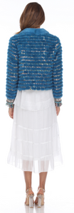 MINK JACKET - BLUE - FRINGE HIGHLIGHTED TRIM & PEARL BUTTONS