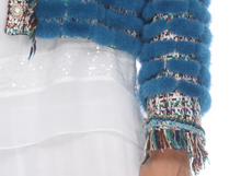 Load image into Gallery viewer, MINK JACKET - BLUE - FRINGE HIGHLIGHTED TRIM &amp; PEARL BUTTONS
