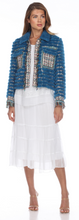 Load image into Gallery viewer, MINK JACKET - BLUE - FRINGE HIGHLIGHTED TRIM &amp; PEARL BUTTONS
