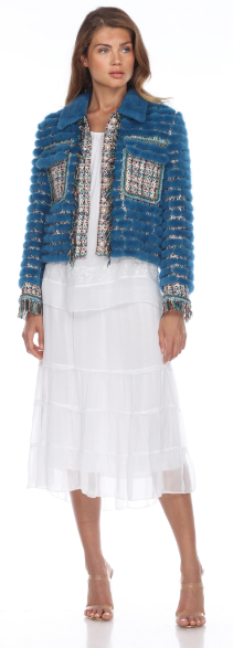 MINK JACKET - BLUE - FRINGE HIGHLIGHTED TRIM & PEARL BUTTONS