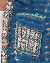 Load image into Gallery viewer, MINK JACKET - BLUE - FRINGE HIGHLIGHTED TRIM &amp; PEARL BUTTONS
