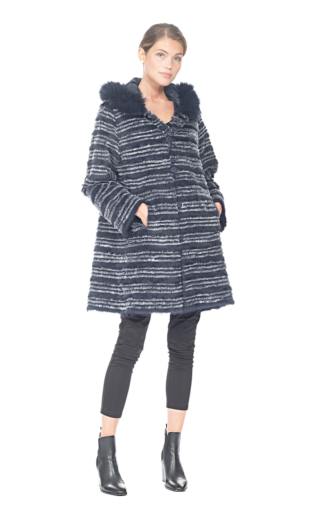 REX RABBIT COAT, HOODED REVERSIBLE - Two Tone