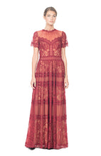 Load image into Gallery viewer, BURGUNDY LACE PATTERNED FULL LENGTH DRESS WITH SHEER ILLUSION NECKLINE AND SHORT SLEEVES
