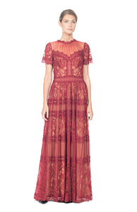 BURGUNDY LACE PATTERNED FULL LENGTH DRESS WITH SHEER ILLUSION NECKLINE AND SHORT SLEEVES