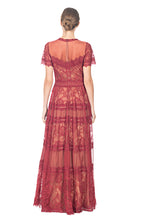 Load image into Gallery viewer, BURGUNDY LACE PATTERNED FULL LENGTH DRESS WITH SHEER ILLUSION NECKLINE AND SHORT SLEEVES
