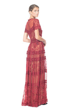 Load image into Gallery viewer, BURGUNDY LACE PATTERNED FULL LENGTH DRESS WITH SHEER ILLUSION NECKLINE AND SHORT SLEEVES
