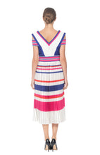 Load image into Gallery viewer, MULTI-COLOR CREPE DRESS, MID-CALF LENGTH SHORT SLEEVE WITH SLOTTED SHOULDER
