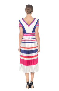 MULTI-COLOR CREPE DRESS, MID-CALF LENGTH SHORT SLEEVE WITH SLOTTED SHOULDER