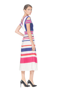 MULTI-COLOR CREPE DRESS, MID-CALF LENGTH SHORT SLEEVE WITH SLOTTED SHOULDER