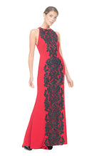 Load image into Gallery viewer, FULL LENGTH RED CREPE DRESS, EMBROIDERED BLACK LACE FRONT WITH SEQUINS
