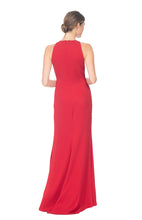 Load image into Gallery viewer, FULL LENGTH RED CREPE DRESS, EMBROIDERED BLACK LACE FRONT WITH SEQUINS
