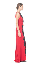 Load image into Gallery viewer, FULL LENGTH RED CREPE DRESS, EMBROIDERED BLACK LACE FRONT WITH SEQUINS
