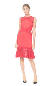 RED PLEATED TULLE DRESS SLEEVELESS WITH EMBROIDERED LACE NECK AND TRIM