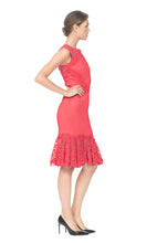 Load image into Gallery viewer, RED PLEATED TULLE DRESS SLEEVELESS WITH EMBROIDERED LACE NECK AND TRIM
