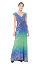 Load image into Gallery viewer, TWO TONE FULL LENTH GOWN V-NECK WITH SEQUINS AND BEADED LACE, SLEEVELESS, BANDED WAIST
