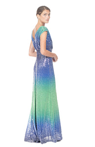 TWO TONE FULL LENTH GOWN V-NECK WITH SEQUINS AND BEADED LACE, SLEEVELESS, BANDED WAIST