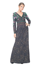 Load image into Gallery viewer, BLACK DAHLIA FLORAL EMBROIDERED GOWN WITH &#39;V&#39; NECK AND LONG SLEEVES
