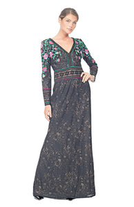 BLACK DAHLIA FLORAL EMBROIDERED GOWN WITH 'V' NECK AND LONG SLEEVES