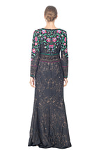 Load image into Gallery viewer, BLACK DAHLIA FLORAL EMBROIDERED GOWN WITH &#39;V&#39; NECK AND LONG SLEEVES
