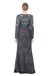 BLACK DAHLIA FLORAL EMBROIDERED GOWN WITH 'V' NECK AND LONG SLEEVES