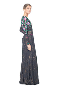 BLACK DAHLIA FLORAL EMBROIDERED GOWN WITH 'V' NECK AND LONG SLEEVES