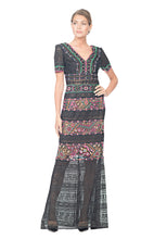 Load image into Gallery viewer, MULTI-COLOR EMBROIDERED LACE FULL LENGTH DRESS SHORT SLEEVES, LOWER ILLUSION DETAIL
