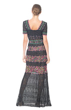 Load image into Gallery viewer, MULTI-COLOR EMBROIDERED LACE FULL LENGTH DRESS SHORT SLEEVES, LOWER ILLUSION DETAIL
