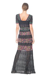 MULTI-COLOR EMBROIDERED LACE FULL LENGTH DRESS SHORT SLEEVES, LOWER ILLUSION DETAIL