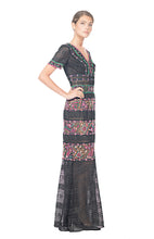 Load image into Gallery viewer, MULTI-COLOR EMBROIDERED LACE FULL LENGTH DRESS SHORT SLEEVES, LOWER ILLUSION DETAIL
