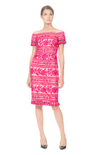 Load image into Gallery viewer, FUSCHIA DAHLIA FLORAL PATTERN DRESS, EMBROIDERED TULLE OFF SHOULDER WITH TASSEL TRIM DETAIL
