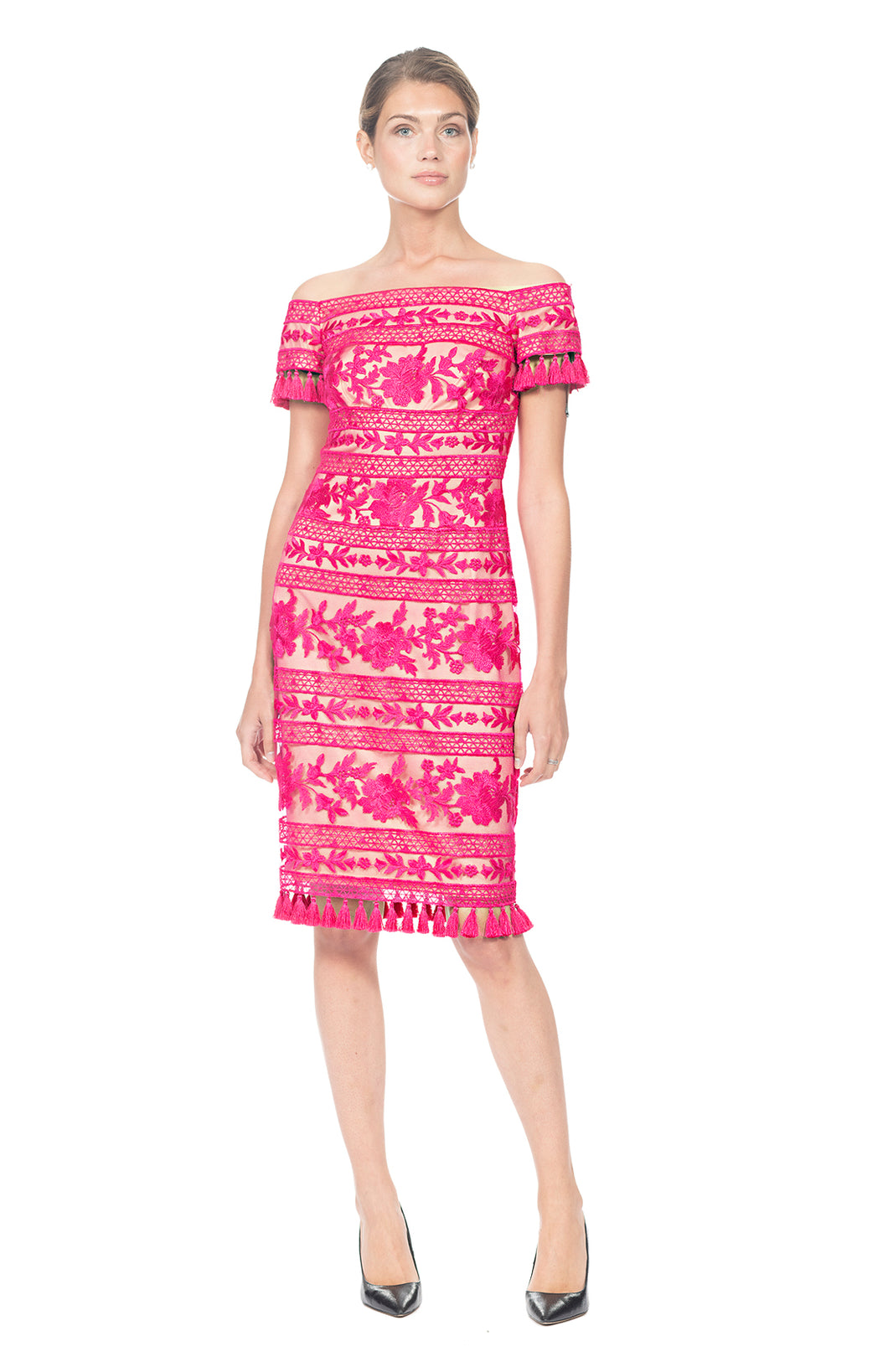 FUSCHIA DAHLIA FLORAL PATTERN DRESS, EMBROIDERED TULLE OFF SHOULDER WITH TASSEL TRIM DETAIL