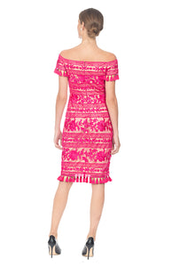 FUSCHIA DAHLIA FLORAL PATTERN DRESS, EMBROIDERED TULLE OFF SHOULDER WITH TASSEL TRIM DETAIL