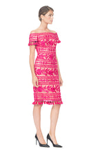 Load image into Gallery viewer, FUSCHIA DAHLIA FLORAL PATTERN DRESS, EMBROIDERED TULLE OFF SHOULDER WITH TASSEL TRIM DETAIL
