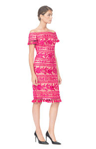 FUSCHIA DAHLIA FLORAL PATTERN DRESS, EMBROIDERED TULLE OFF SHOULDER WITH TASSEL TRIM DETAIL