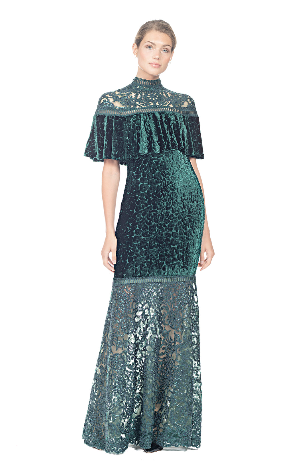 FLORAL EMBROIDERED EMERALD GREEN LACE FULL LENGTH TULLE GOWN, SHEER ILLUSION NECK  AND SHOUDLERS