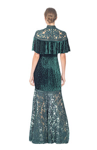 FLORAL EMBROIDERED EMERALD GREEN LACE FULL LENGTH TULLE GOWN, SHEER ILLUSION NECK  AND SHOUDLERS