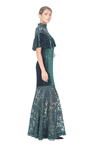 FLORAL EMBROIDERED EMERALD GREEN LACE FULL LENGTH TULLE GOWN, SHEER ILLUSION NECK  AND SHOUDLERS