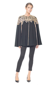 BLACK CREPE CAPE WITH GOLD EMBROIDERED LACE TRIM