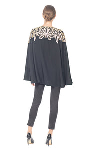 BLACK CREPE CAPE WITH GOLD EMBROIDERED LACE TRIM