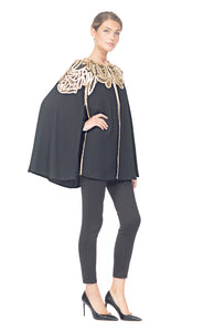 BLACK CREPE CAPE WITH GOLD EMBROIDERED LACE TRIM