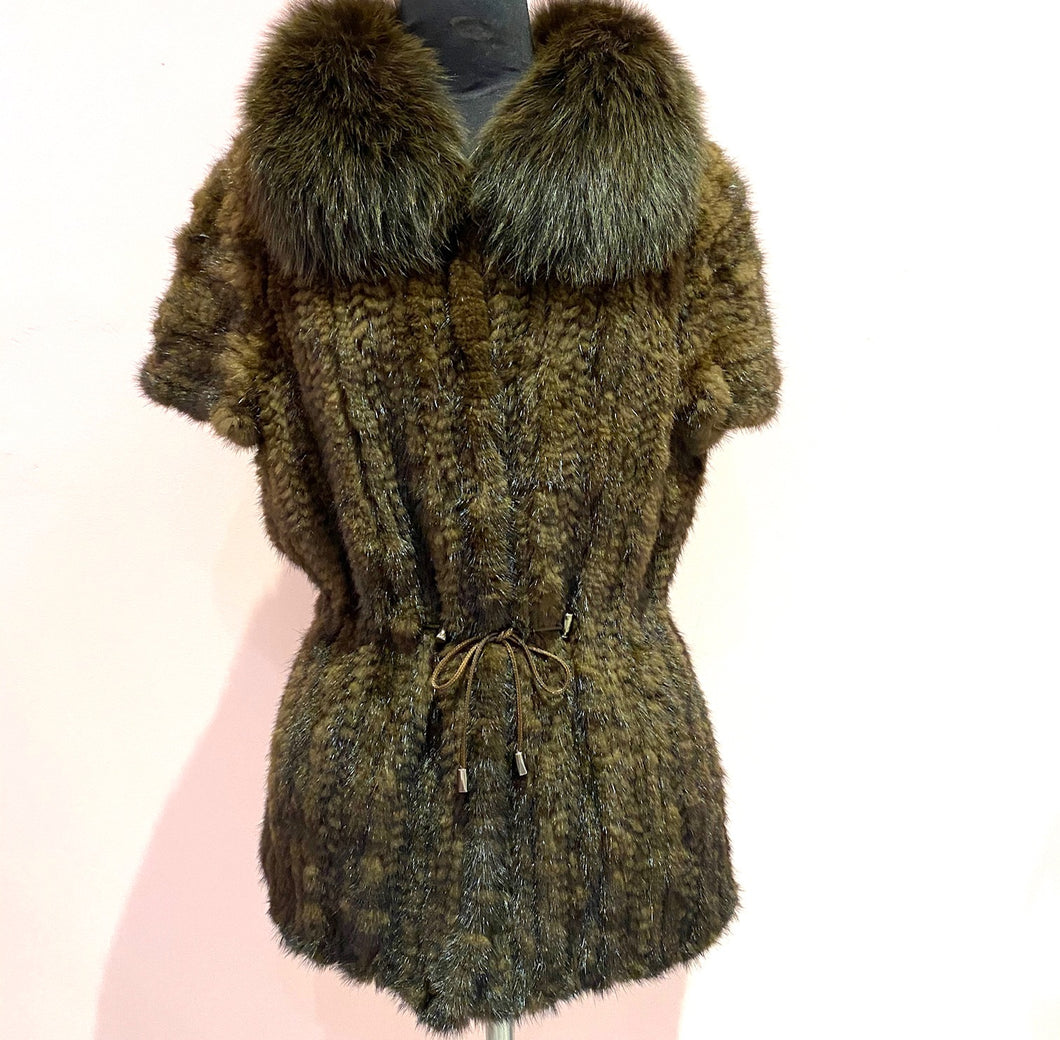 KNITTED MINK VEST FOX COLLAR - BROWN