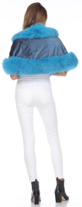 FOX TRIMMED WRAP - BLUE FOX TRIM - BLACK BODY INTER-LACED WITH CRYSTALS