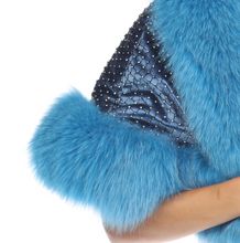 Load image into Gallery viewer, FOX TRIMMED WRAP - BLUE FOX TRIM - BLACK BODY INTER-LACED WITH CRYSTALS
