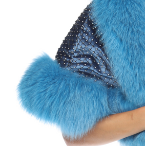 FOX TRIMMED WRAP - BLUE FOX TRIM - BLACK BODY INTER-LACED WITH CRYSTALS