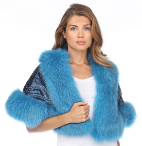 FOX TRIMMED WRAP - BLUE FOX TRIM - BLACK BODY INTER-LACED WITH CRYSTALS