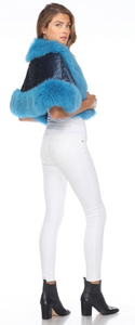 FOX TRIMMED WRAP - BLUE FOX TRIM - BLACK BODY INTER-LACED WITH CRYSTALS