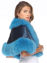 Load image into Gallery viewer, FOX TRIMMED WRAP - BLUE FOX TRIM - BLACK BODY INTER-LACED WITH CRYSTALS
